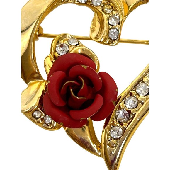 Heart Brooch Pin Gold Tone Red Ceramic Rose Clear Rhinestones Shiny Roll Tab Arm - Picture 5 of 13